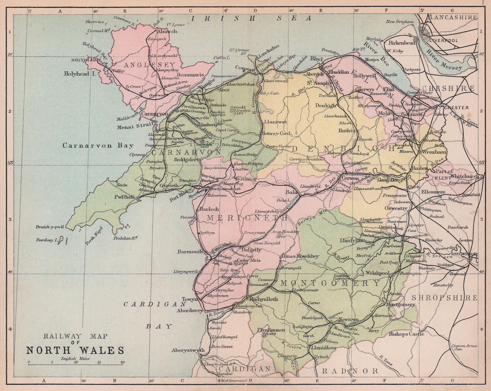 WALES Railway Map of North Wales BARTHOLOMEW 1882 old antique plan chart